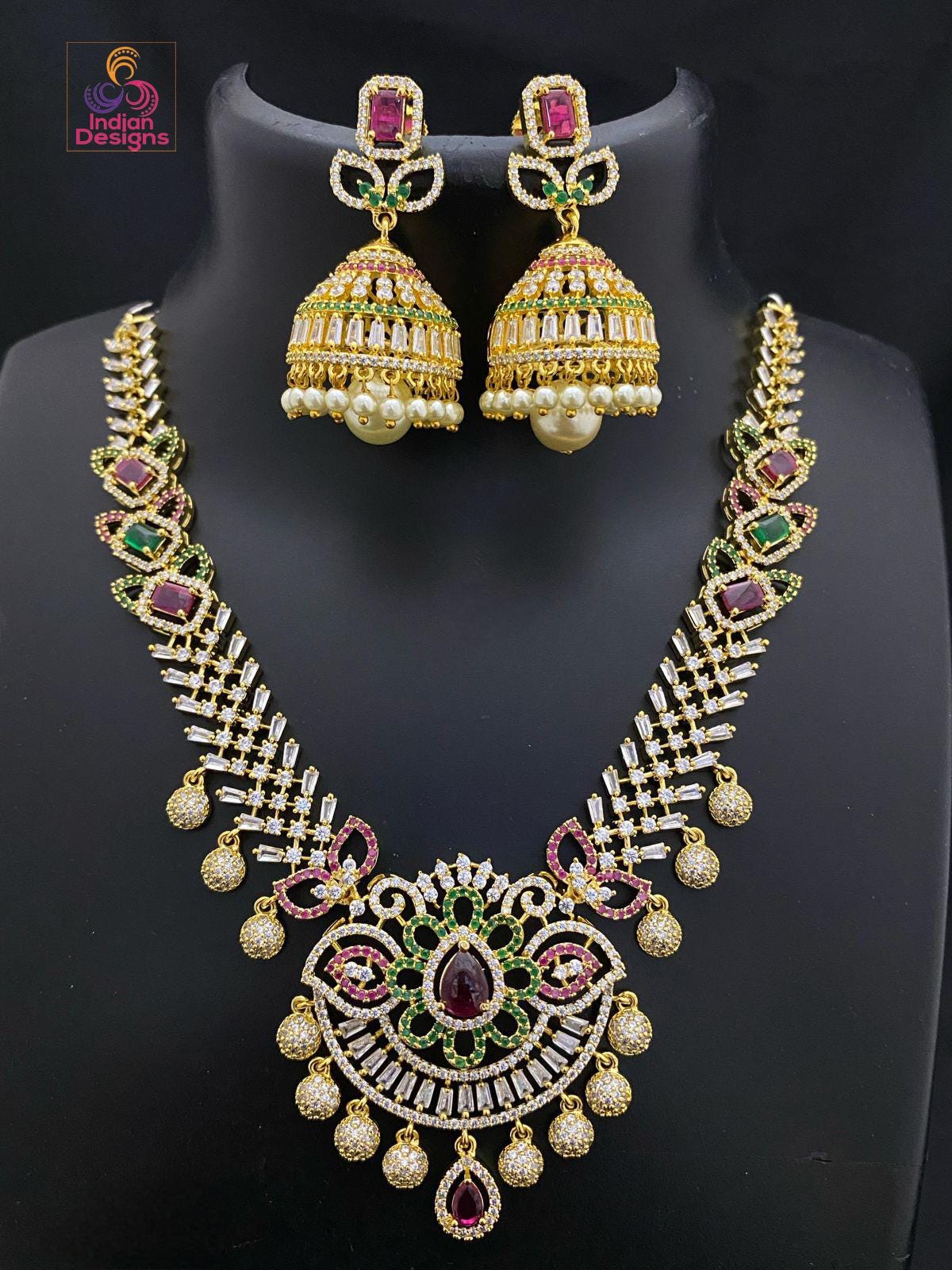 American Diamond Ruby Green Necklace & Jhumka set| South Indian Style wedding necklace| Statement necklace| Party wear Necklace|Gift for her