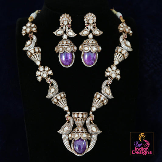 Purple Moissanite Polki stone Statement Necklace Set| Kundan Polki Indian Wedding Jewelry|American Diamond Bridal necklace Earring set