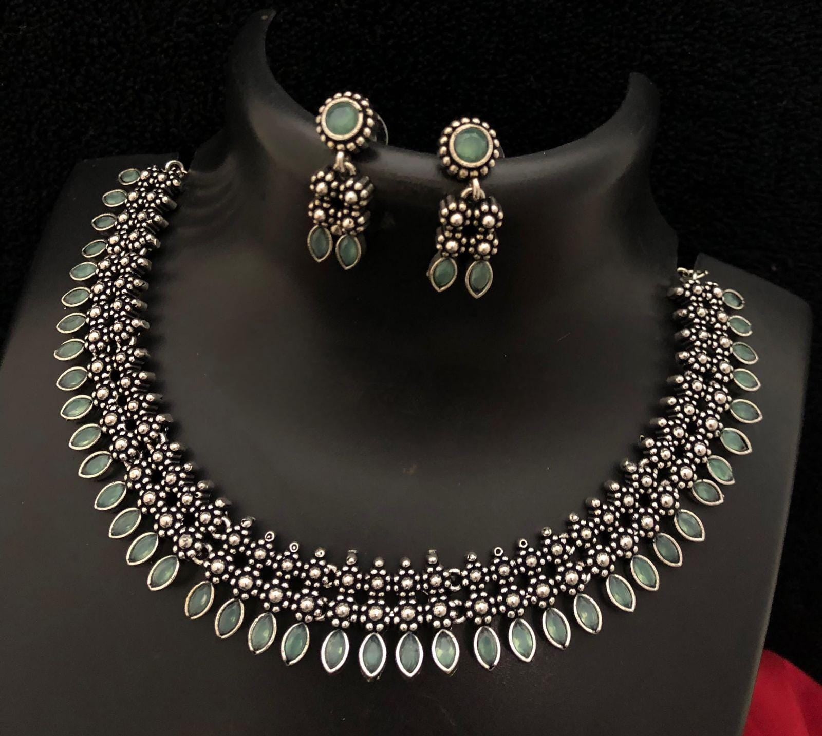 German Silver Oxidized Choker Necklace Earring set | Indian Jewelry Oxidized necklace with color stones | Traditional Antique Wedding jewelr