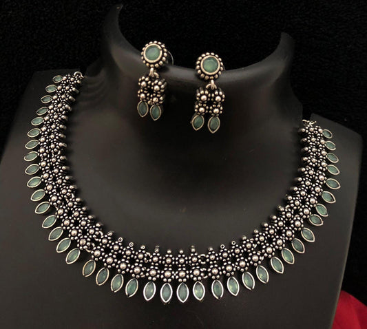 German Silver Oxidized Choker Necklace Earring set | Indian Jewelry Oxidized necklace with color stones | Traditional Antique Wedding jewelr