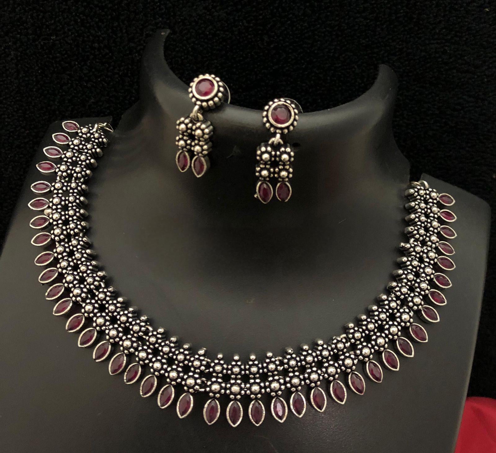 German Silver Oxidized Choker Necklace Earring set | Indian Jewelry Oxidized necklace with color stones | Traditional Antique Wedding jewelr