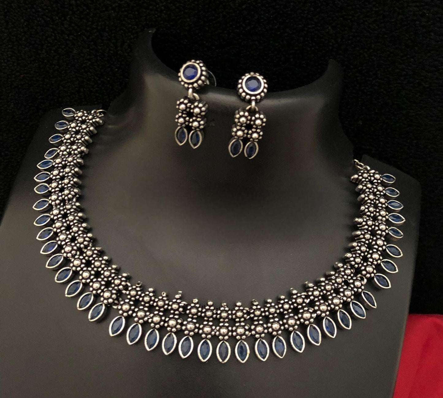 German Silver Oxidized Choker Necklace Earring set | Indian Jewelry Oxidized necklace with color stones | Traditional Antique Wedding jewelr