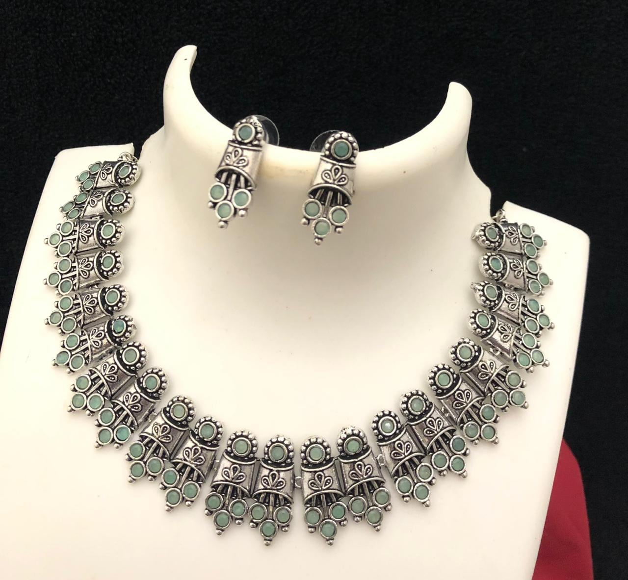 German Silver Oxidized Choker Necklace Earring set | Indian Jewelry Oxidized necklace with color stones | Traditional Antique Wedding jewelr