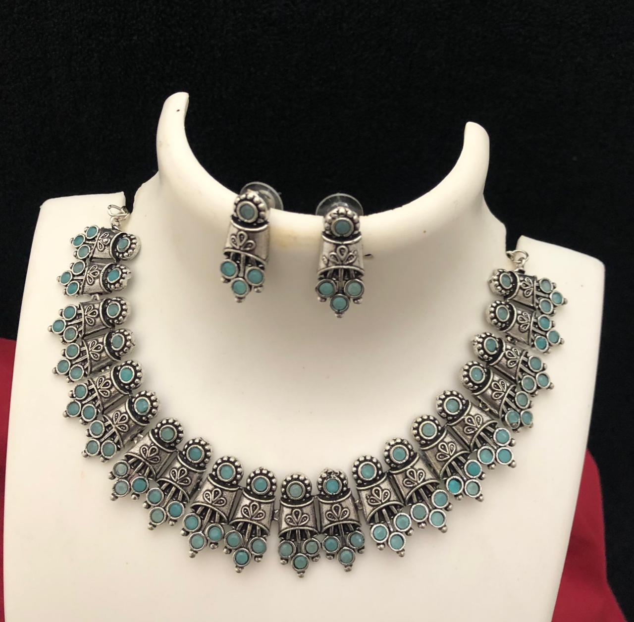 German Silver Oxidized Choker Necklace Earring set | Indian Jewelry Oxidized necklace with color stones | Traditional Antique Wedding jewelr