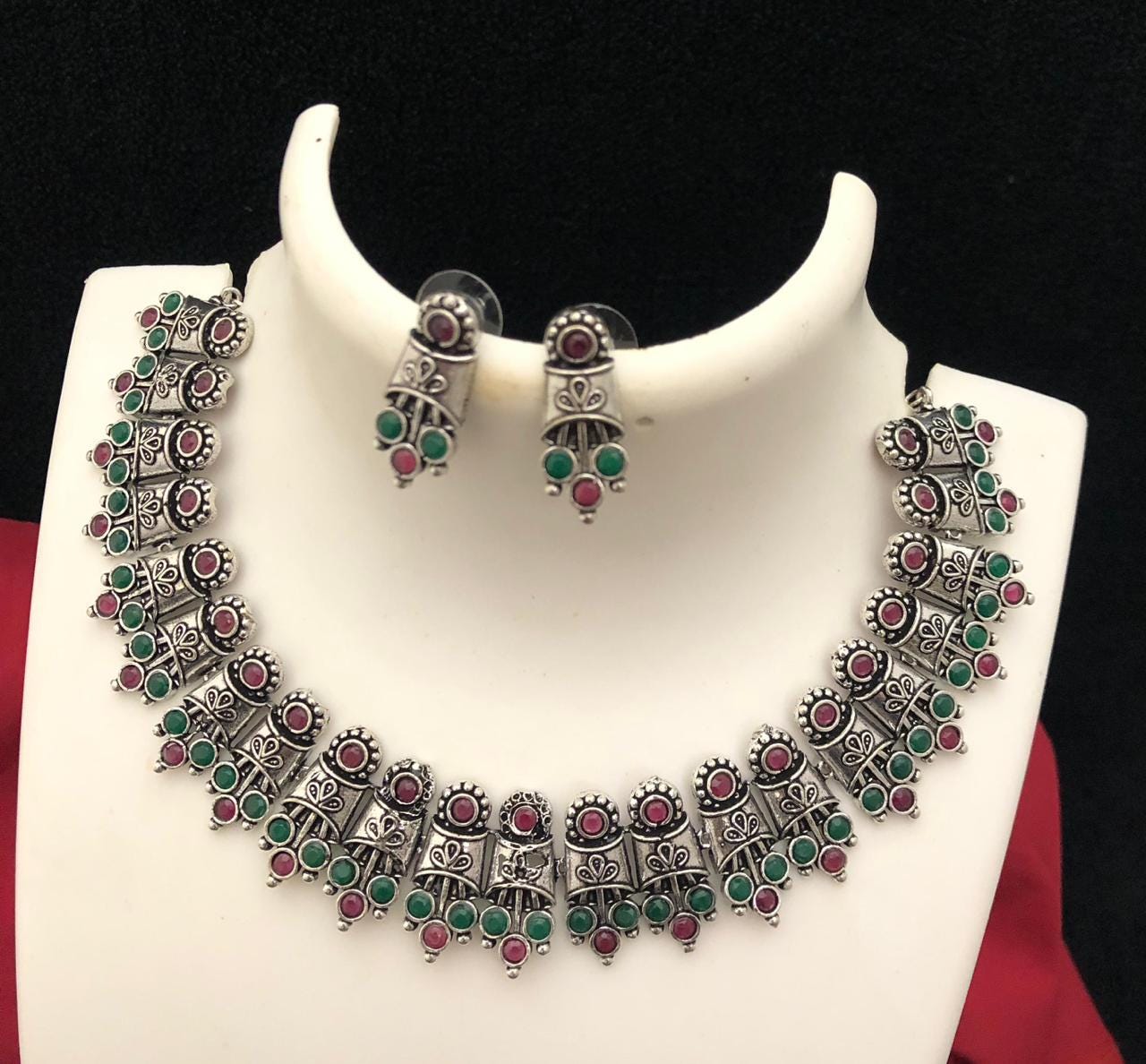 German Silver Oxidized Choker Necklace Earring set | Indian Jewelry Oxidized necklace with color stones | Traditional Antique Wedding jewelr