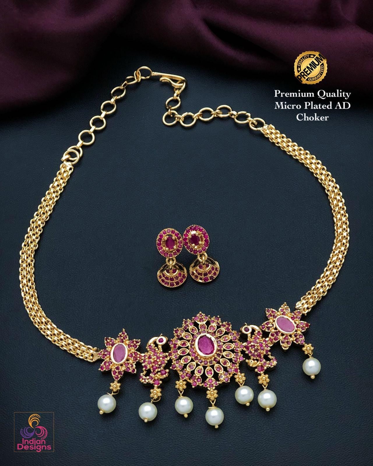 Traditional South Indian style Matte Finish Mini choker Jhumka set | AD Red and Green Stone choker set with pair of Cute Jhumka earrings