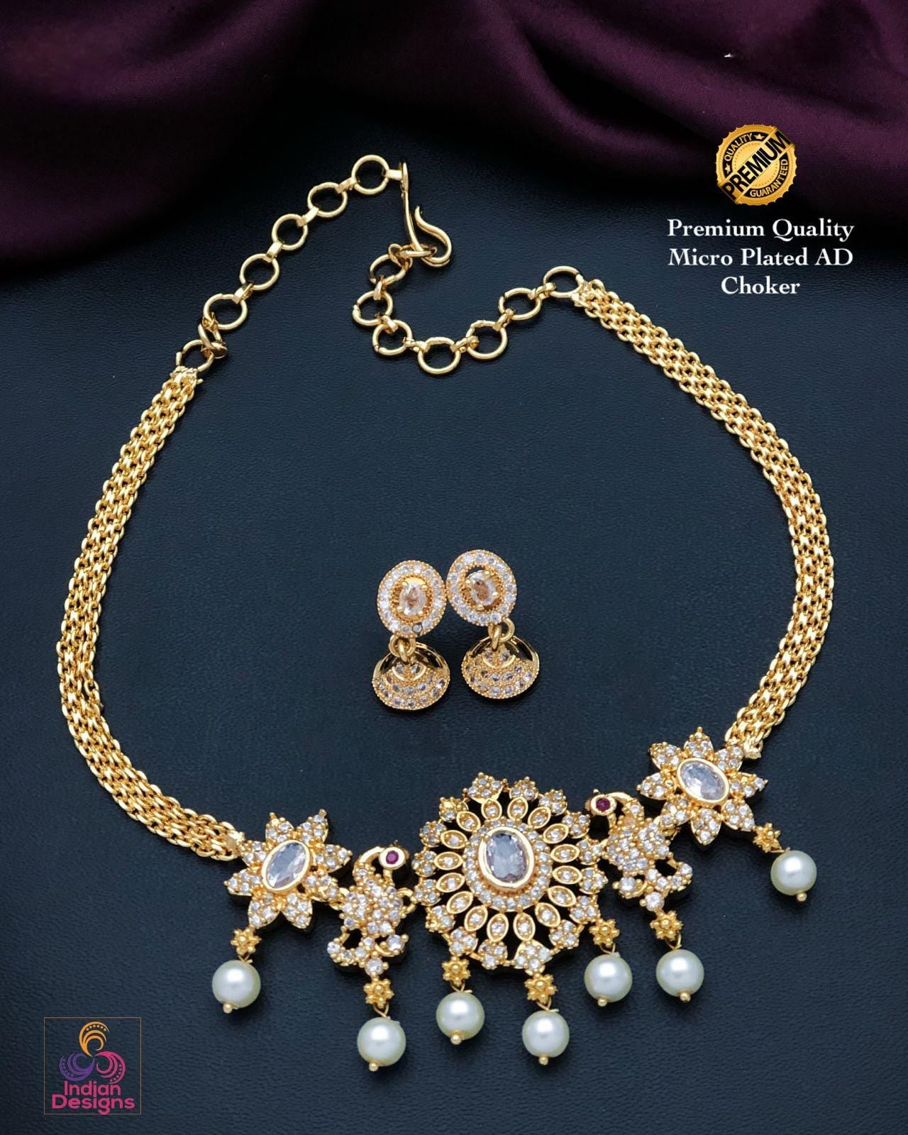 Traditional South Indian style Matte Finish Mini choker Jhumka set | AD Red and Green Stone choker set with pair of Cute Jhumka earrings