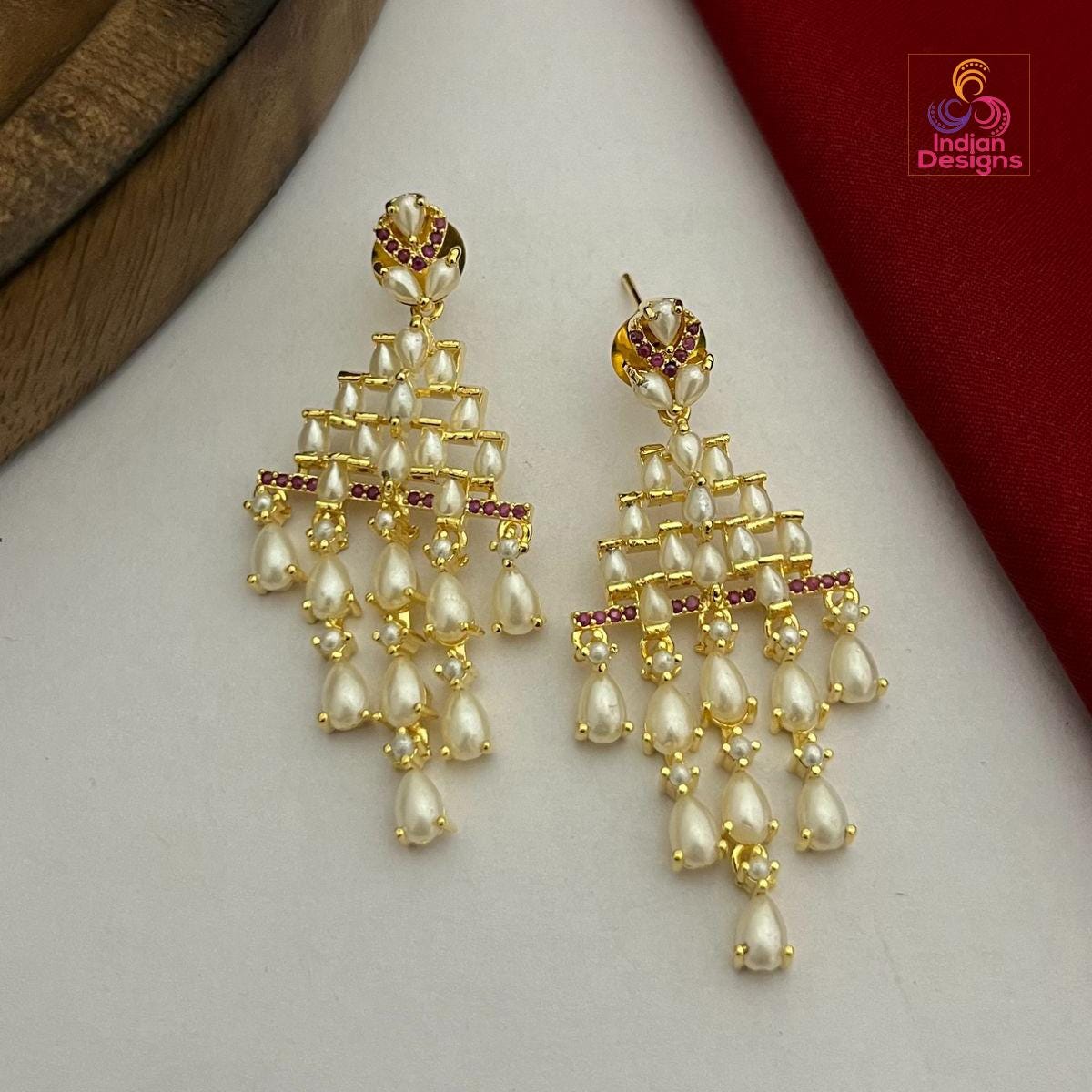 Pearl & Multi-color AD stone Party Wear Chandelier Earrings| Statement earrings set| Wedding party Earrings| Green, Pink and Pearl earrings