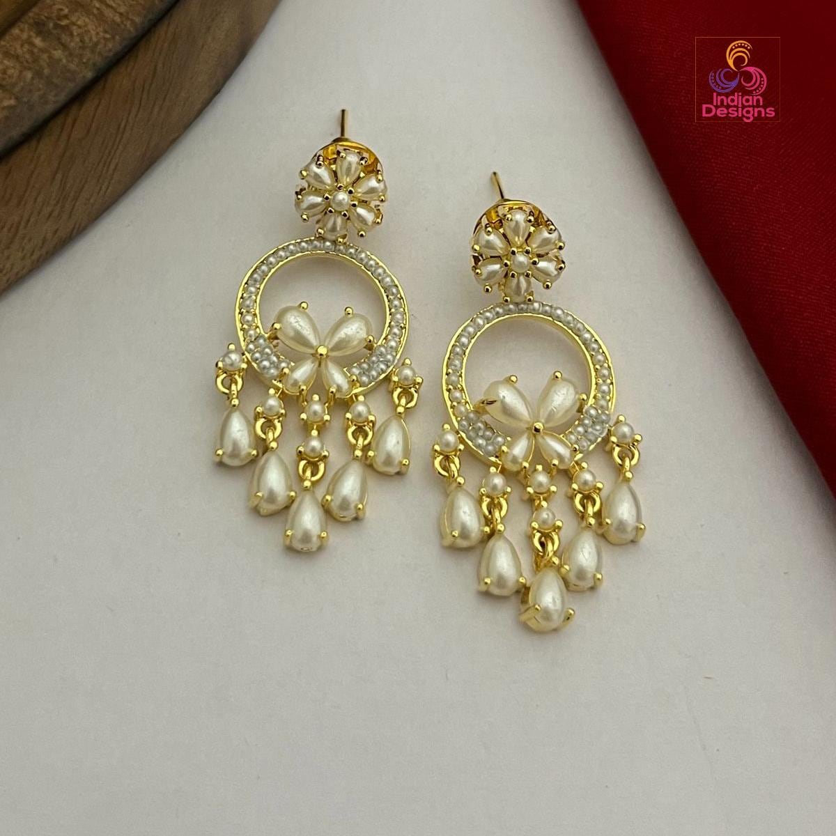 Gold Plated Pearl Drop Earrings with Ruby, Emerald, & Turquoise AD Stones| Floral Design Chandbalis|Pearl statement Earrings| Gift for her