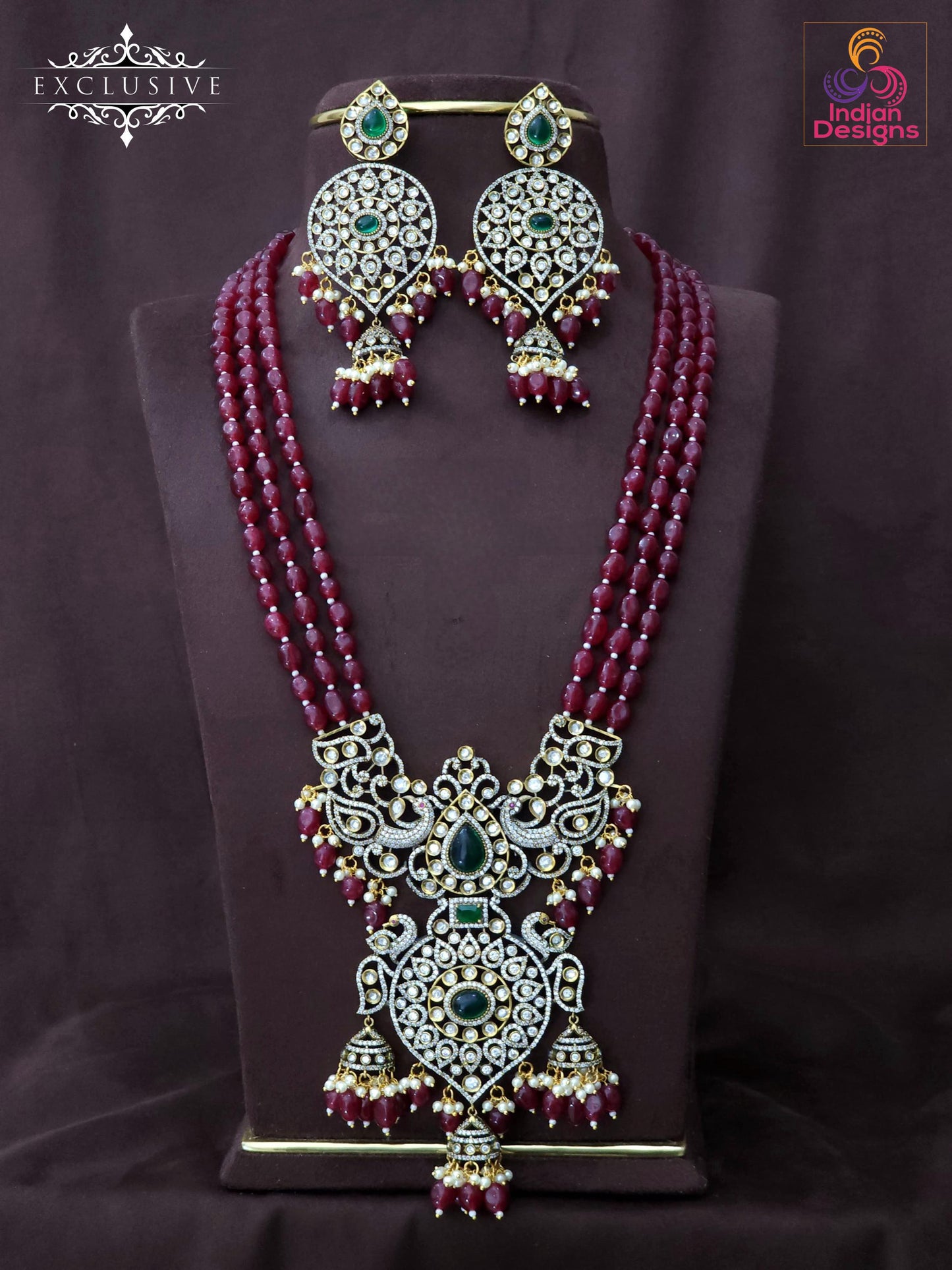Victorian Polki Kundan Long Rani Haar Necklace Set| AD CZ Stones & Emerald Green Pendant with Multi layer necklace|Indian /Pakistani Jewelry