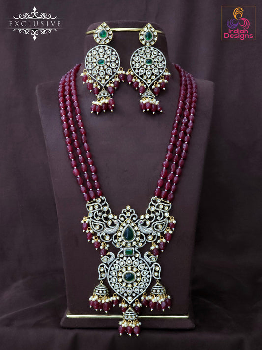 Victorian Polki Kundan Long Rani Haar Necklace Set| AD CZ Stones & Emerald Green Pendant with Multi layer necklace|Indian /Pakistani Jewelry