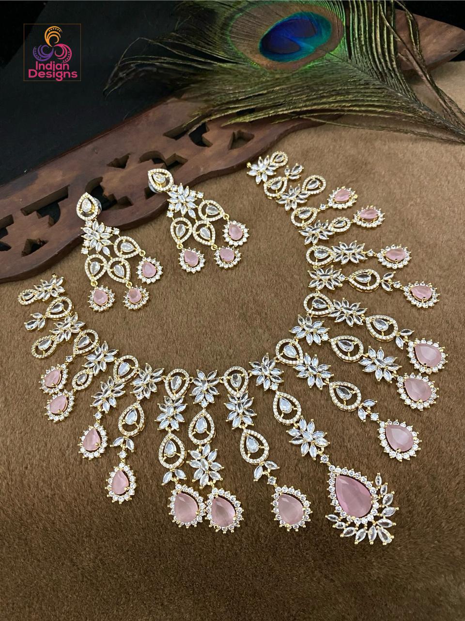 Gold Plated American Diamond Necklace earring set| Trending Party choker jewelry| CZ Diamond Set| Indian Pakistani Jewelry set| Gift for her