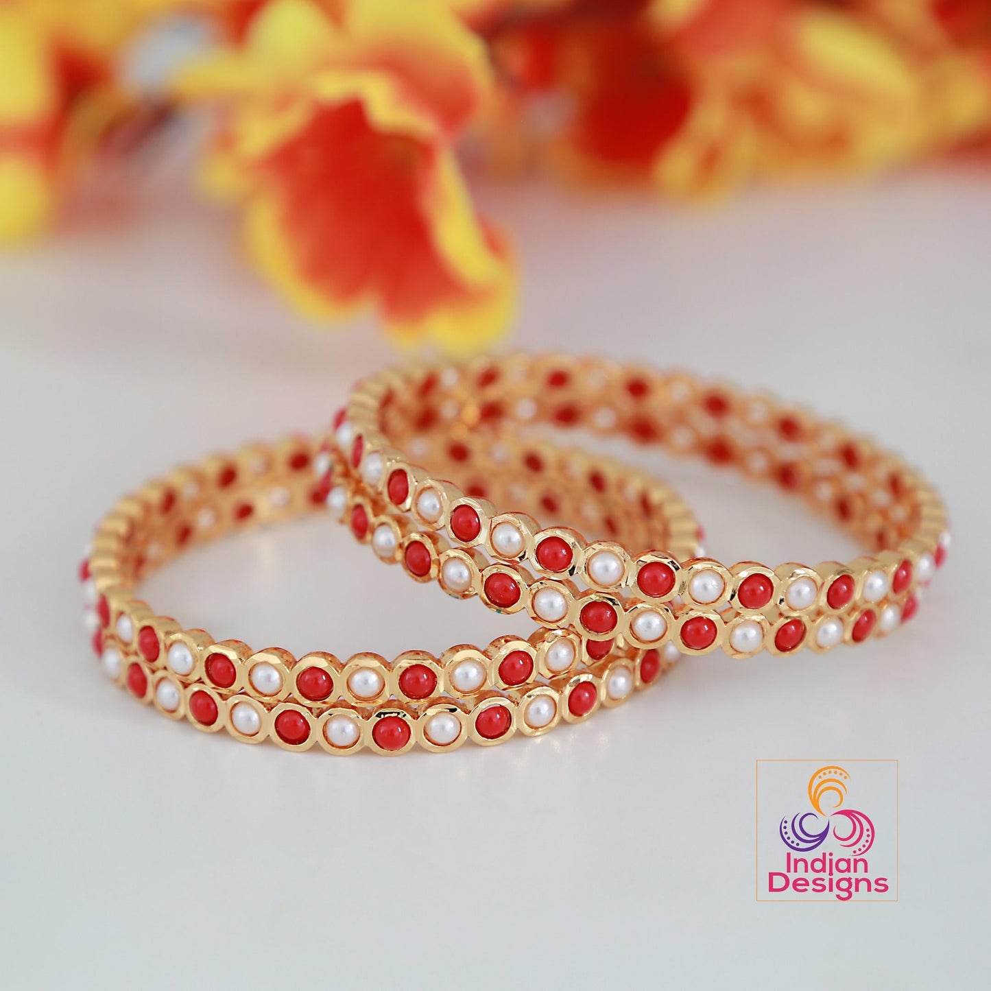 One Gram Gold Red Coral & Pearl bangles 4-Piece| Traditional South Indian Bangles| Stylish party bangles| Lightweight bangles| Gift for her