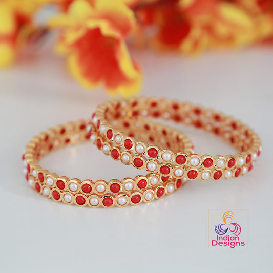 One Gram Gold Red Coral & Pearl bangles 4-Piece| Traditional South Indian Bangles| Stylish party bangles| Lightweight bangles| Gift for her
