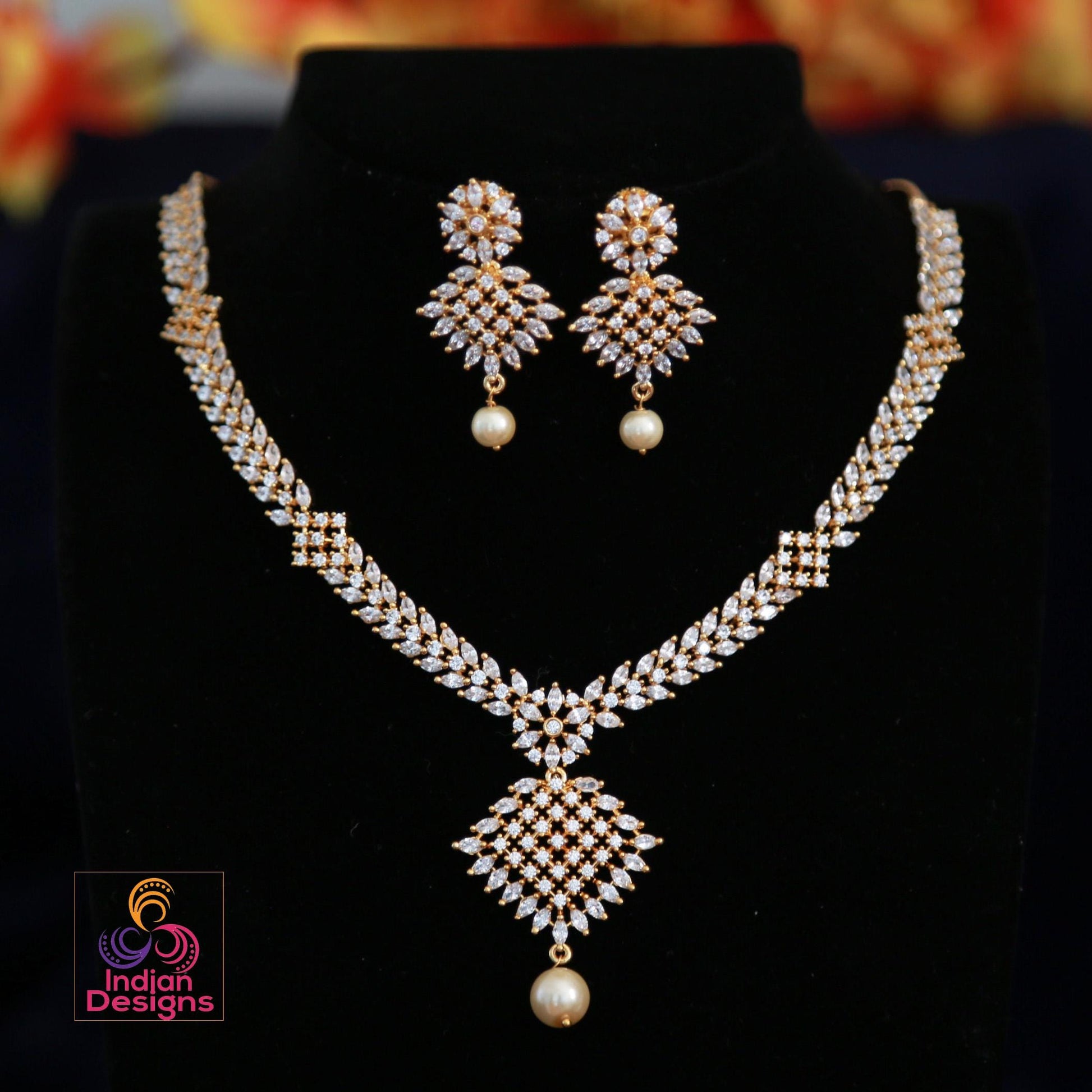 Elegant Gold Bridal Necklace Set with CZ Stones & Pearl Drops, Luxury Wedding Jewelry, Designer Bridal Necklace and Earrings for Brides