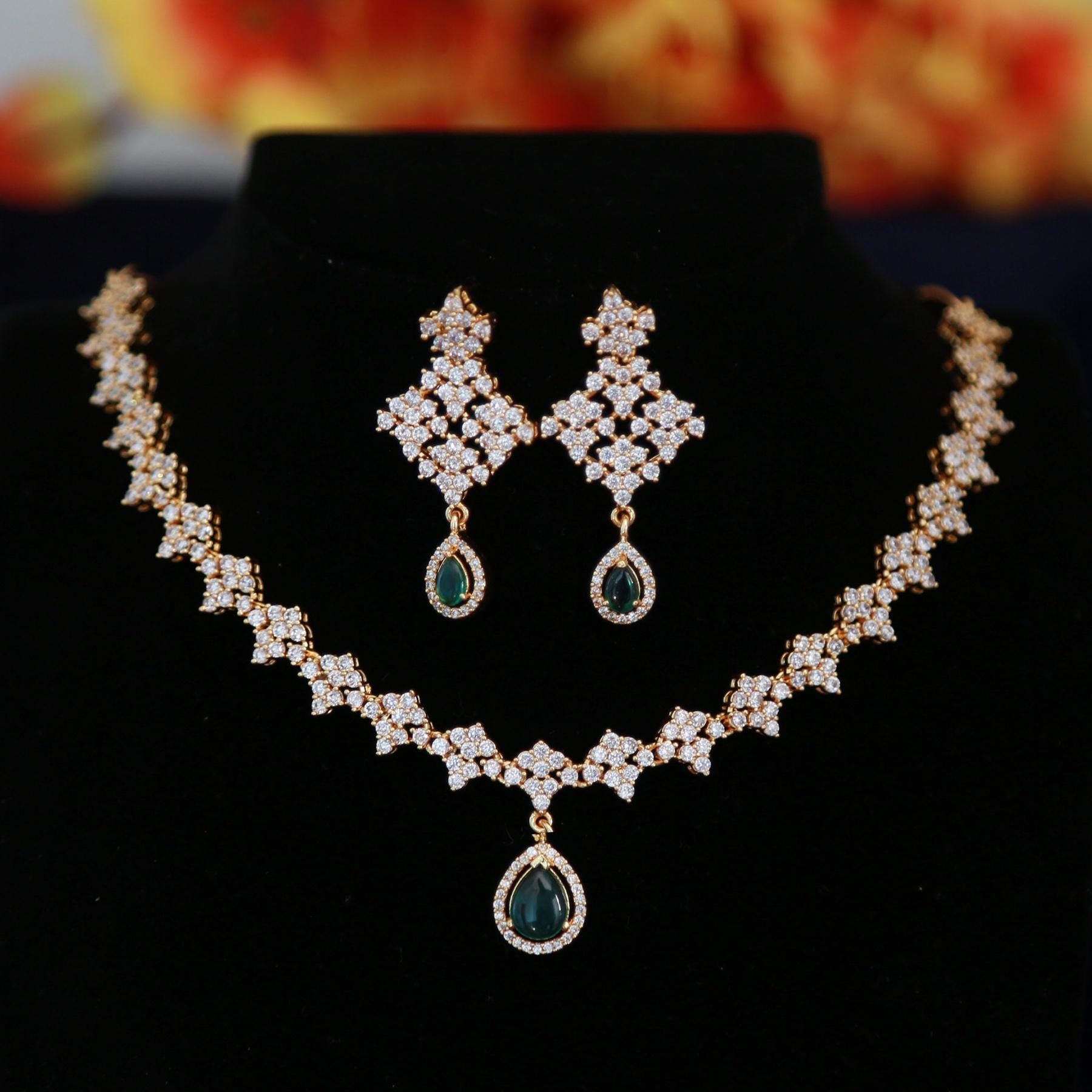 Elegant Gold Bridal Necklace Set with CZ Stones & Pearl Drops, Luxury Wedding Jewelry, Designer Bridal Necklace and Earrings for Brides