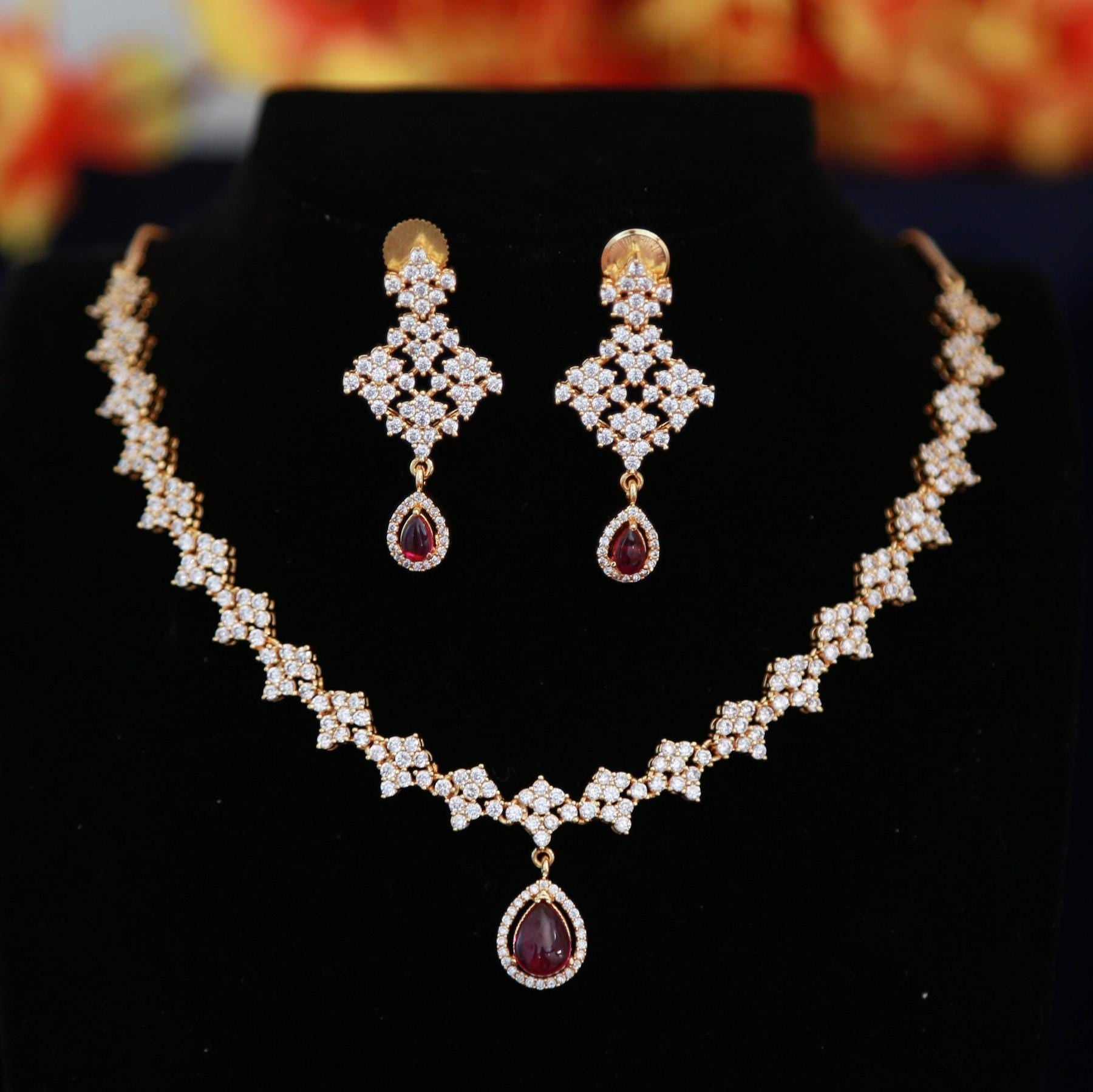 Elegant Gold Bridal Necklace Set with CZ Stones & Pearl Drops, Luxury Wedding Jewelry, Designer Bridal Necklace and Earrings for Brides