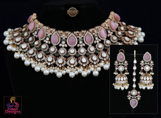 Pink -Victorian Doublet Moissanite Polki Choker Necklace and Jhumka Earrings, Maang Tikka & Pearl Drops| Big Size Statement Wedding Jewelry