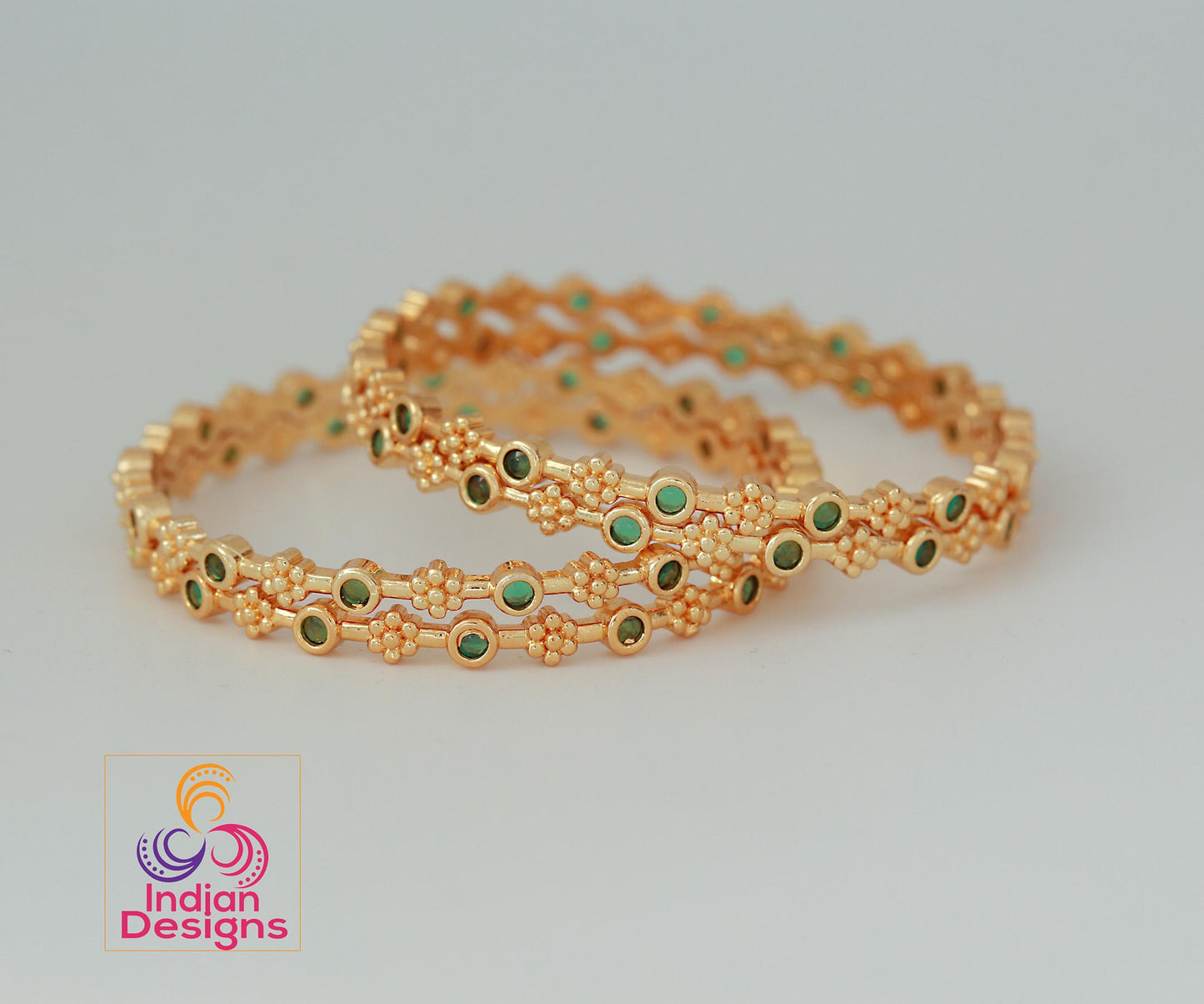 Gold plated Bangles with Green stones Set of 4| South Indian style Floral design bangles| Daily-wear Statement bangles| Stylish Gift for her