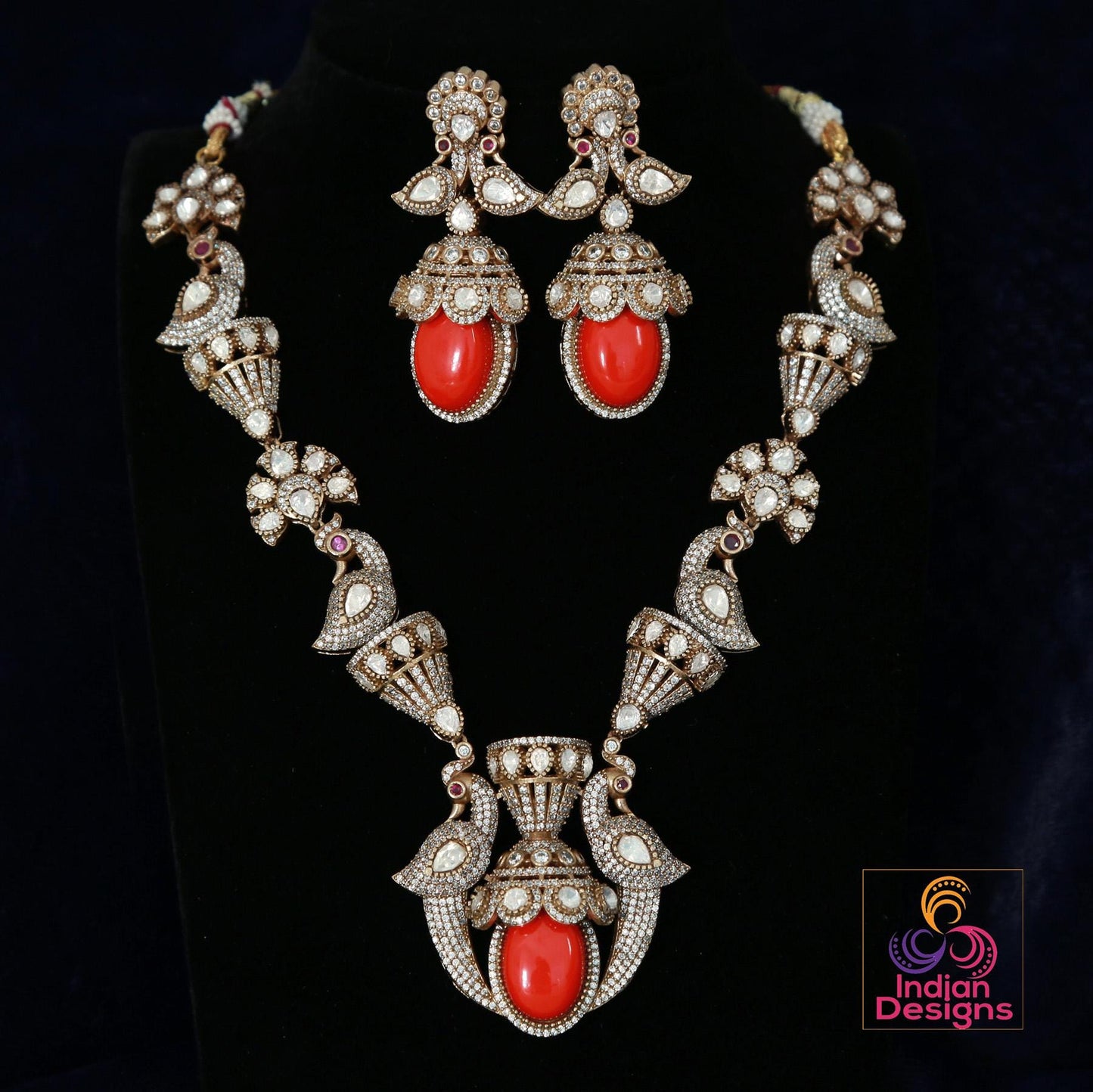 Red Moissanite Polki stone Statement Necklace Set|Kundan Polki Indian Wedding Jewelry|American Diamond Bridal necklace Earrings|Gift for you