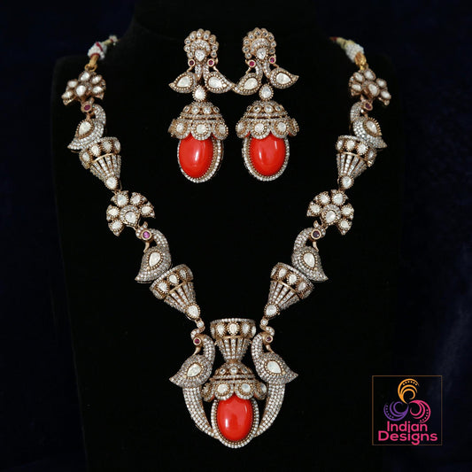 Red Moissanite Polki stone Statement Necklace Set|Kundan Polki Indian Wedding Jewelry|American Diamond Bridal necklace Earrings|Gift for you