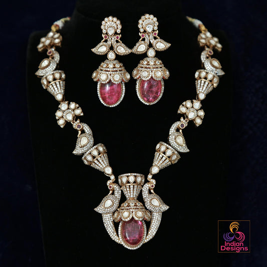 Pink Moissanite Polki stone Statement Necklace Set| Kundan Polki Indian Wedding Jewelry|American Diamond Bridal necklace Earring set