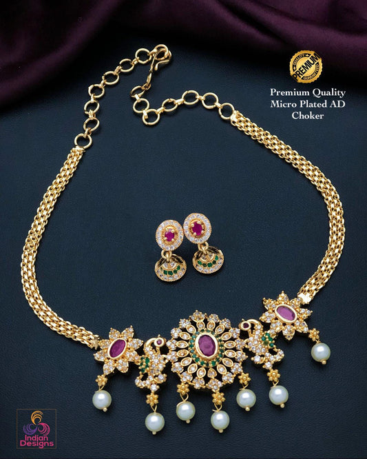Ruby Emerald White AD choker south Indian Jewelry