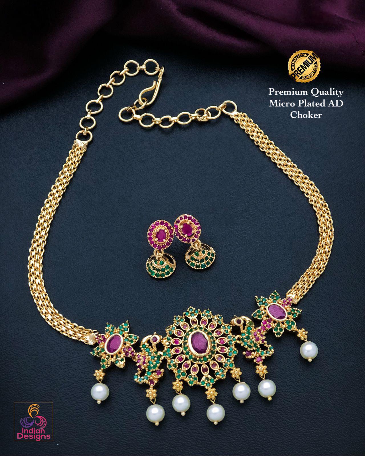 Traditional South Indian style Matte Finish Mini choker Jhumka set | AD Red and Green Stone choker set with pair of Cute Jhumka earrings