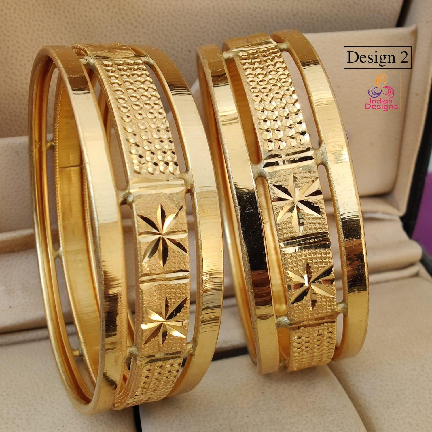 Gold Tone Indian Bangles Set 2 Pc| party wear bangles| Light weight Modern gold bangle/Bracelet set for| Wedding bangles Indian|Gift for her