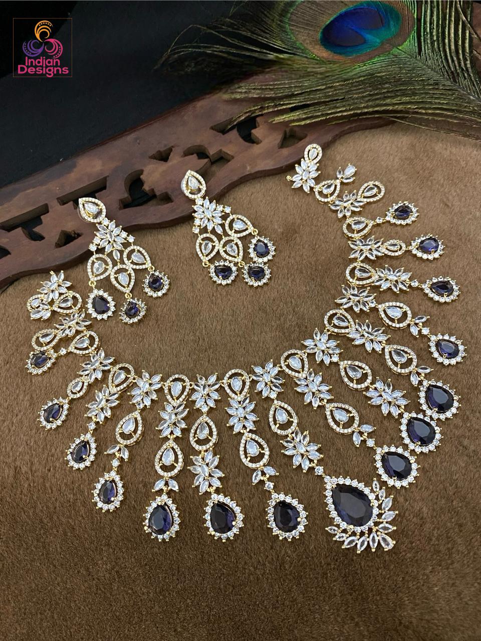 Gold Plated American Diamond Necklace earring set| Trending Party choker jewelry| CZ Diamond Set| Indian Pakistani Jewelry set| Gift for her
