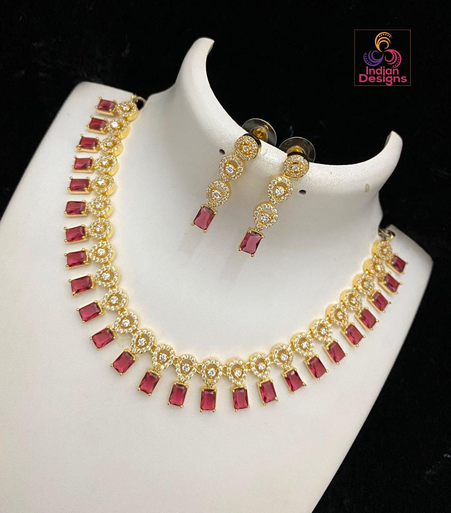 Gold plated Cute simple choker Necklace with Emerald cut American diamond color stones