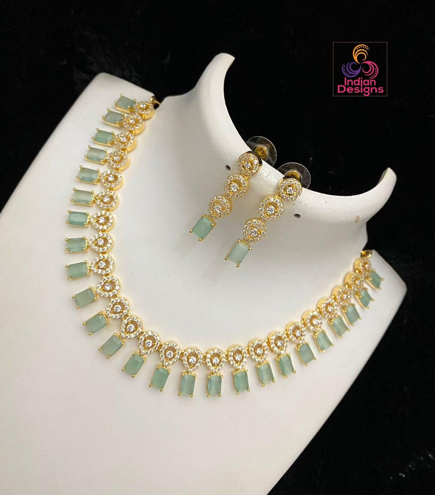 Gold plated Cute simple choker Necklace with Emerald cut American diamond color stones