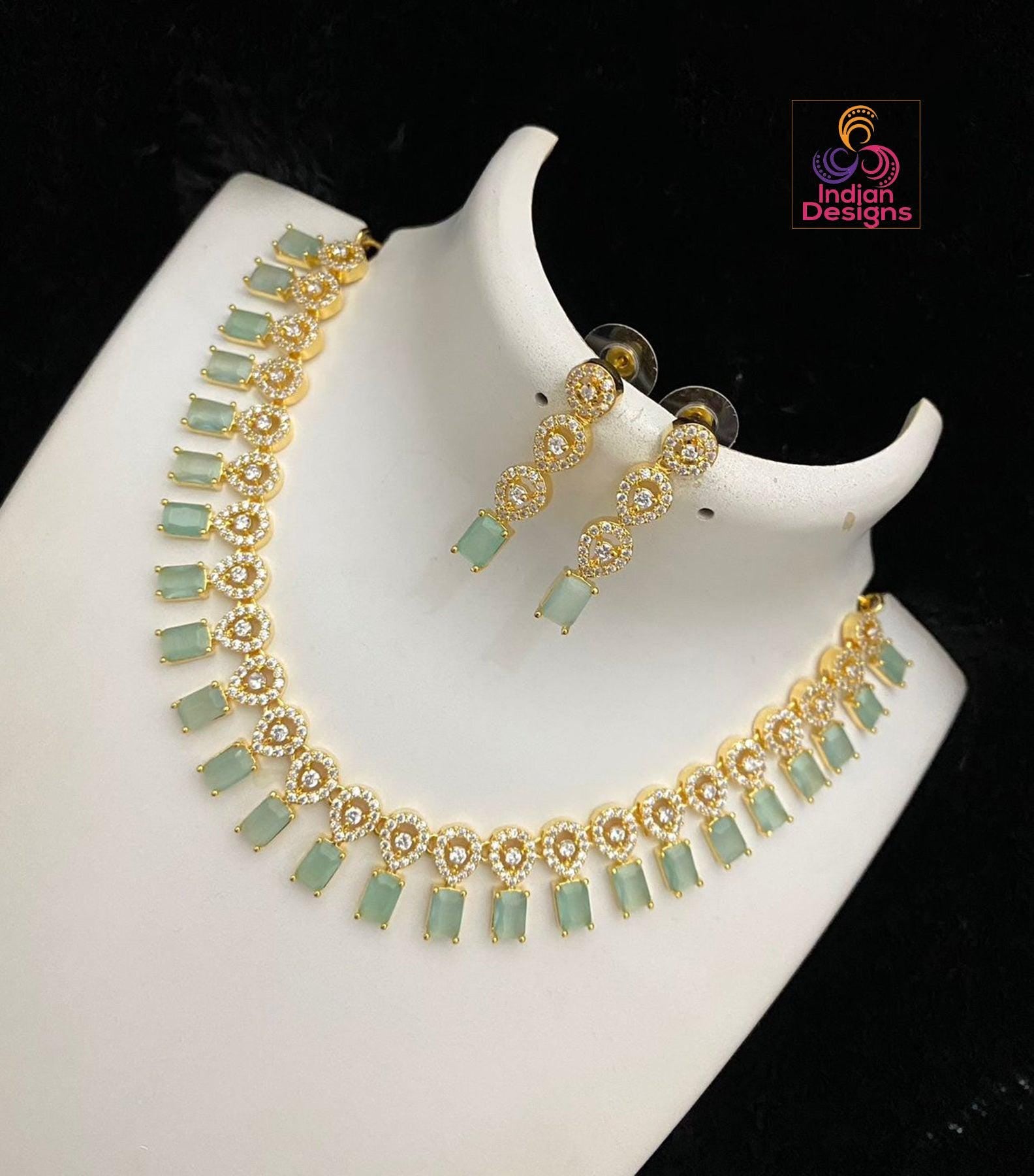 Gold plated Cute simple choker Necklace with Emerald cut American diamond color stones