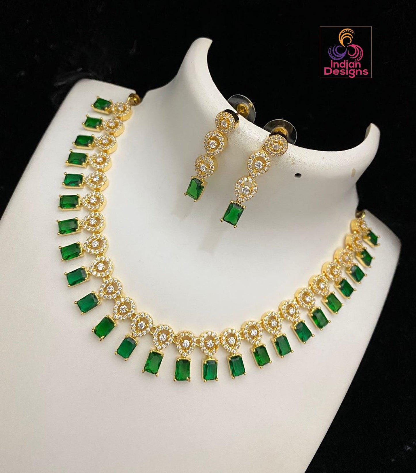 Gold plated Cute simple choker Necklace with Emerald cut American diamond color stones