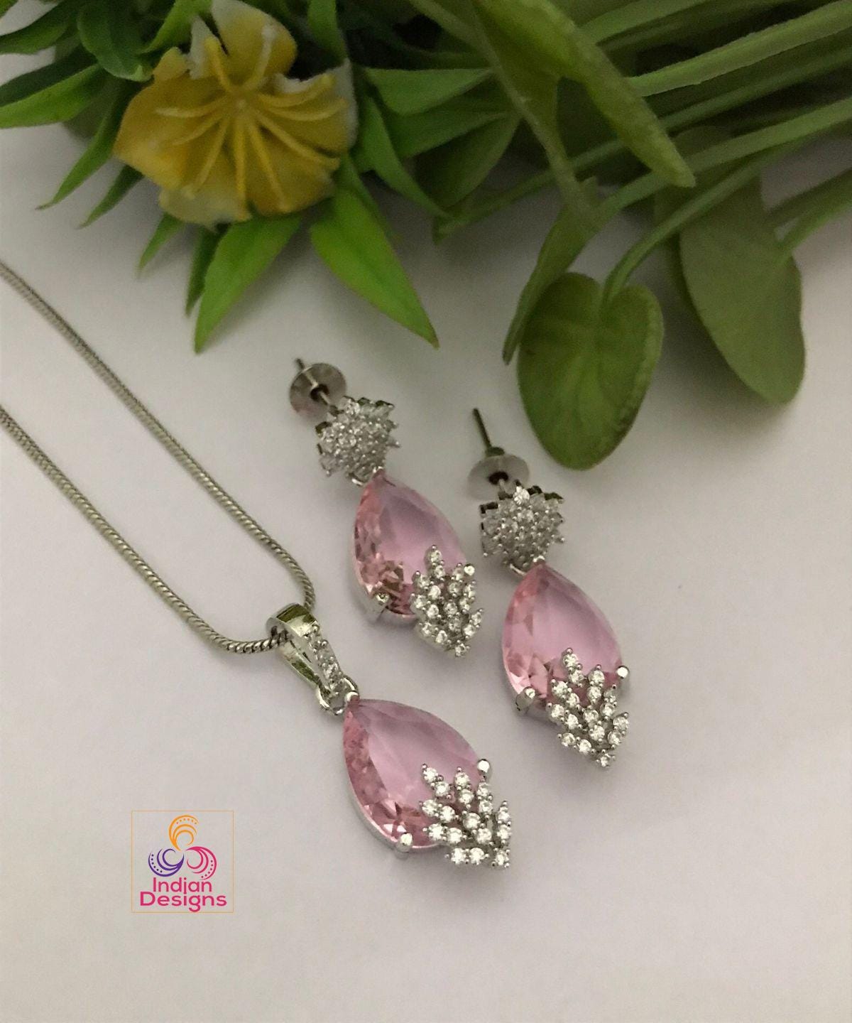Tear Drop Pendant & Earrings Set with CZ Stones| Pink pendant set| dainty earrings| pendant with chain| wedding pendant set| Gift for her