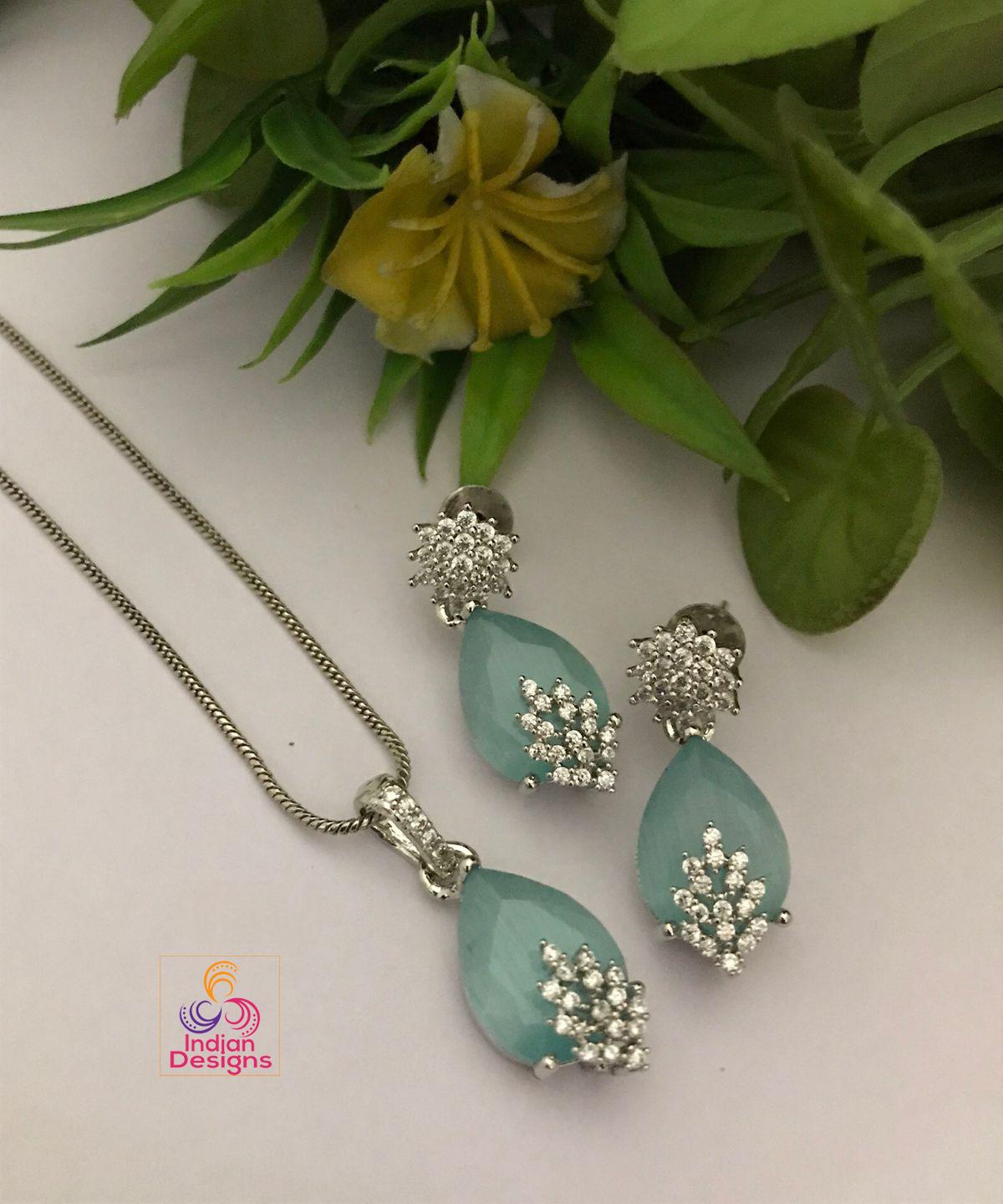 Tear Drop Pendant & Earrings Set with CZ Stones| Pink pendant set| dainty earrings| pendant with chain| wedding pendant set| Gift for her