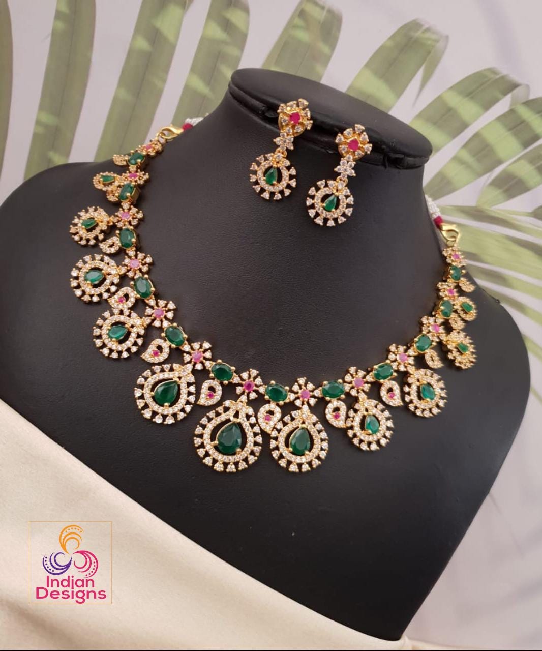 Green and Red-coral American Diamond necklace set| Traditional Indian bridal necklace| Gold-Plated AD necklace set & earrings| gift for her