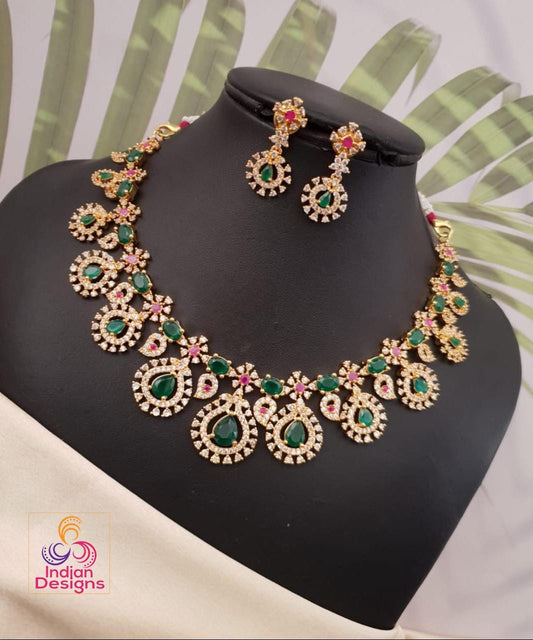 Green and Red-coral American Diamond necklace set| Traditional Indian bridal necklace| Gold-Plated AD necklace set & earrings| gift for her