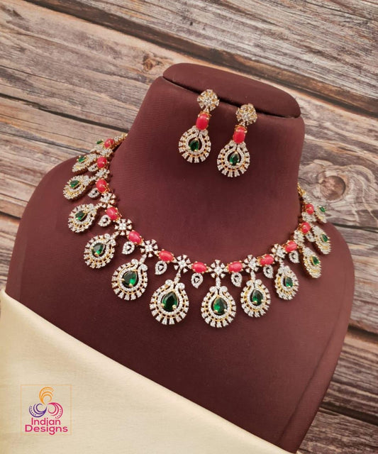 Green and Red-coral American Diamond necklace set| Traditional Indian bridal necklace| Gold-Plated AD necklace set & earrings| gift for her