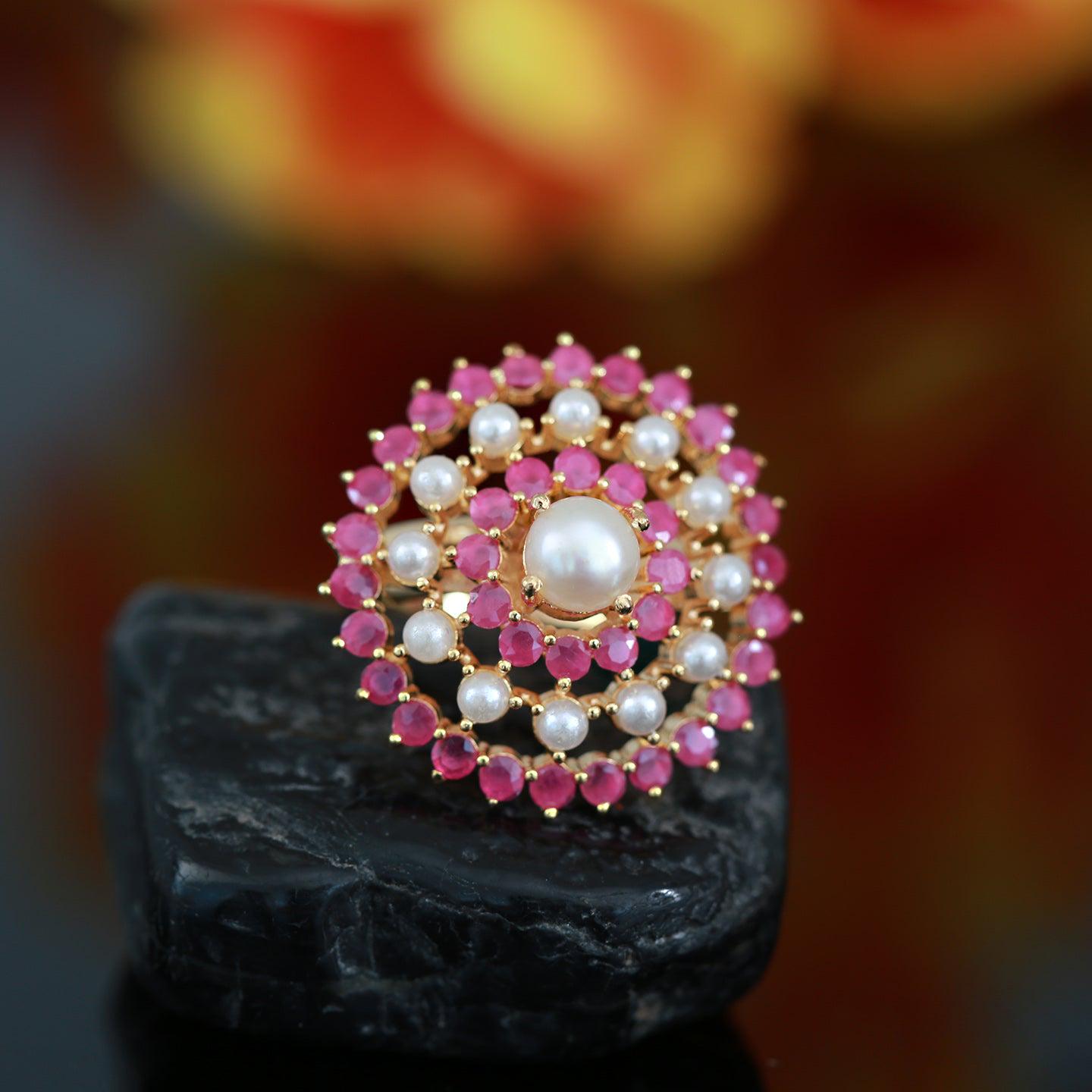 Gold Polish cocktail Pearl ring with CZ American Diamonds, RubyEmerald Floral design Wedding party ring for Women, CZ Diamond Statement Ring