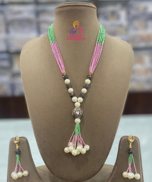 Beaded Pearl Necklace Set with Tassels| Elegant Pink and Green Bead Necklace with Pearl Drops| Traditional Indian Jewelry| Gift for her