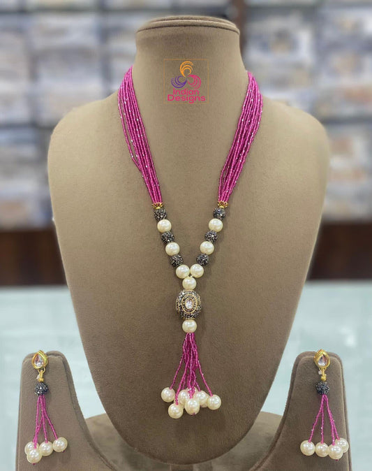 Beaded Pearl Necklace Set with Tassels| Elegant magenta and Green Bead Necklace with Pearl Drops| Traditional Indian Jewelry| Gift for her