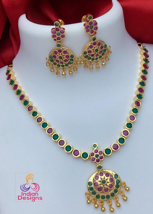 Gold Plated Ruby Emerald Attigai necklace Earring set| American Diamond CZ Choker Simple necklace| South Indian style Necklace| Gift for her