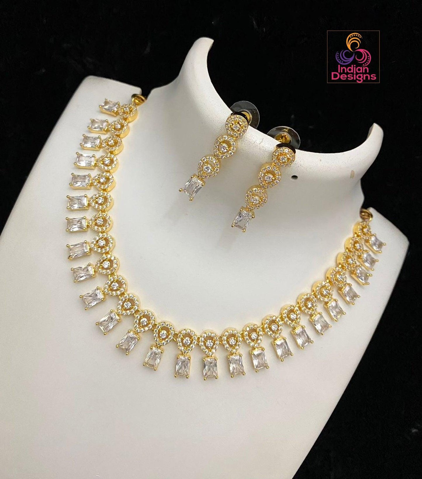 Gold plated Cute simple choker Necklace with Emerald cut American diamond color stones