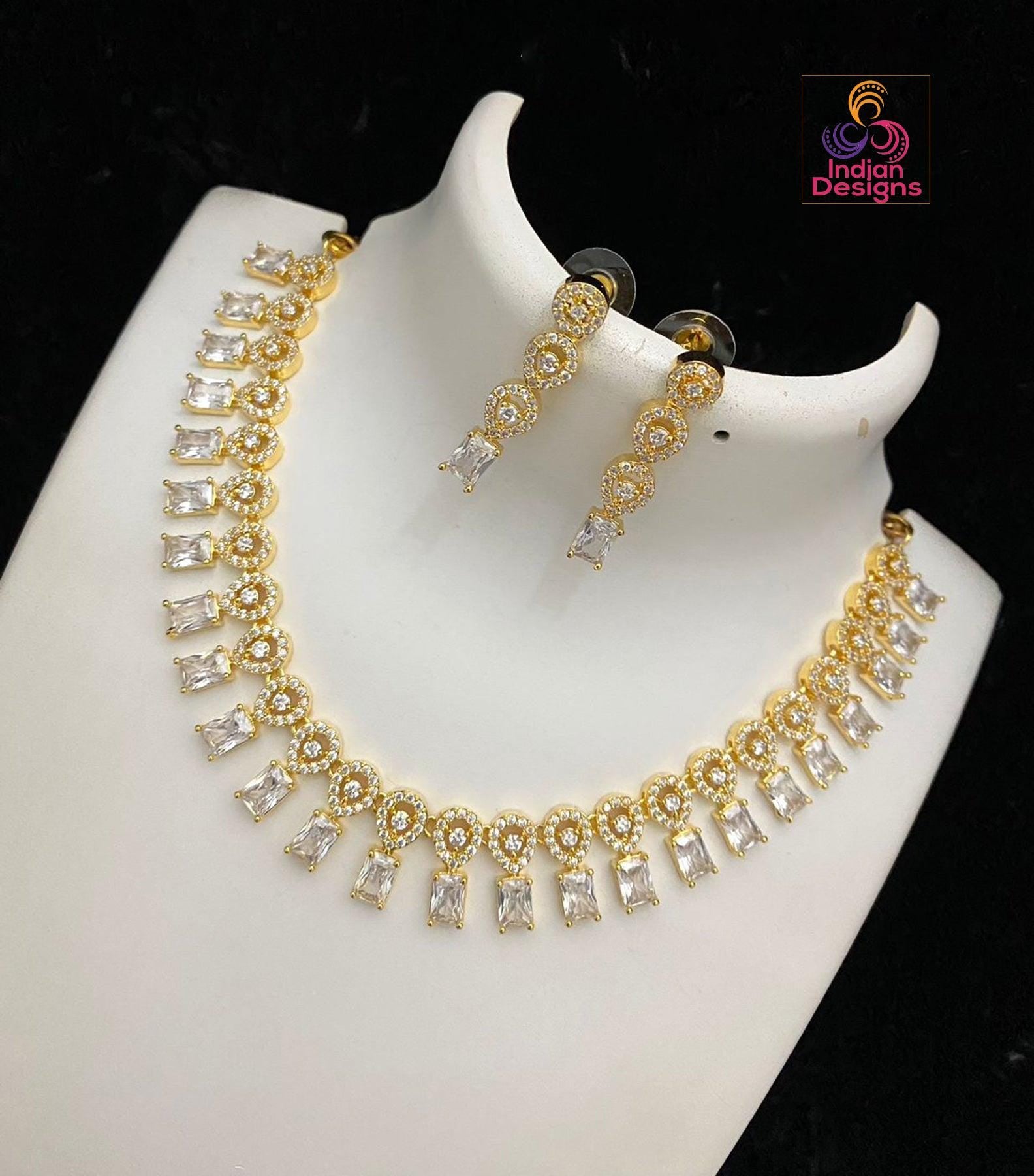 Gold plated Cute simple choker Necklace with Emerald cut American diamond color stones