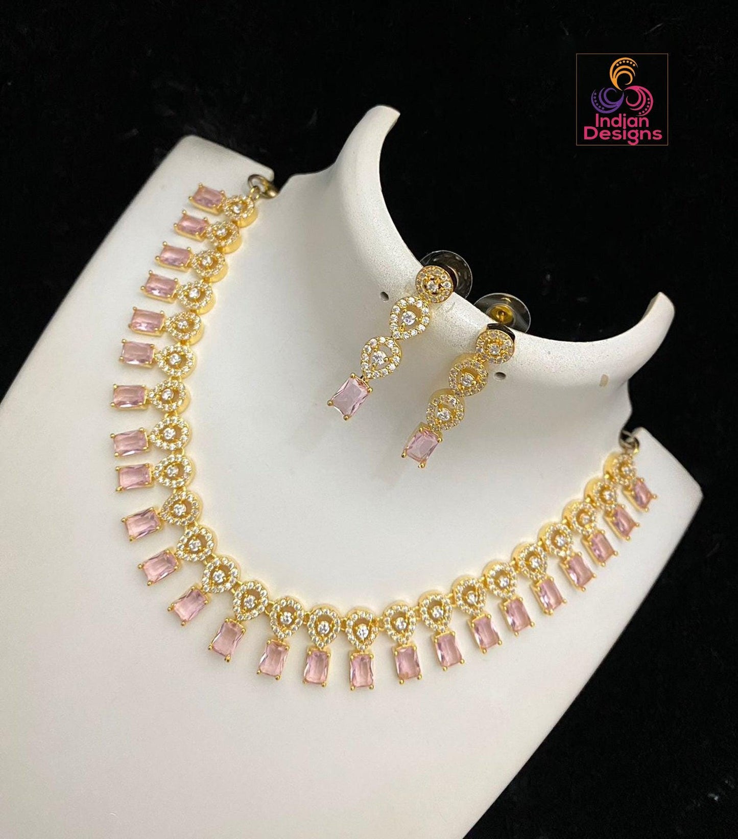 Gold plated Cute simple choker Necklace with Emerald cut American diamond color stones
