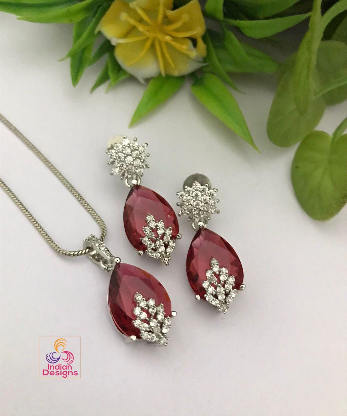 Tear Drop Pendant & Earrings Set with CZ Stones| Pink pendant set| dainty earrings| pendant with chain| wedding pendant set| Gift for her
