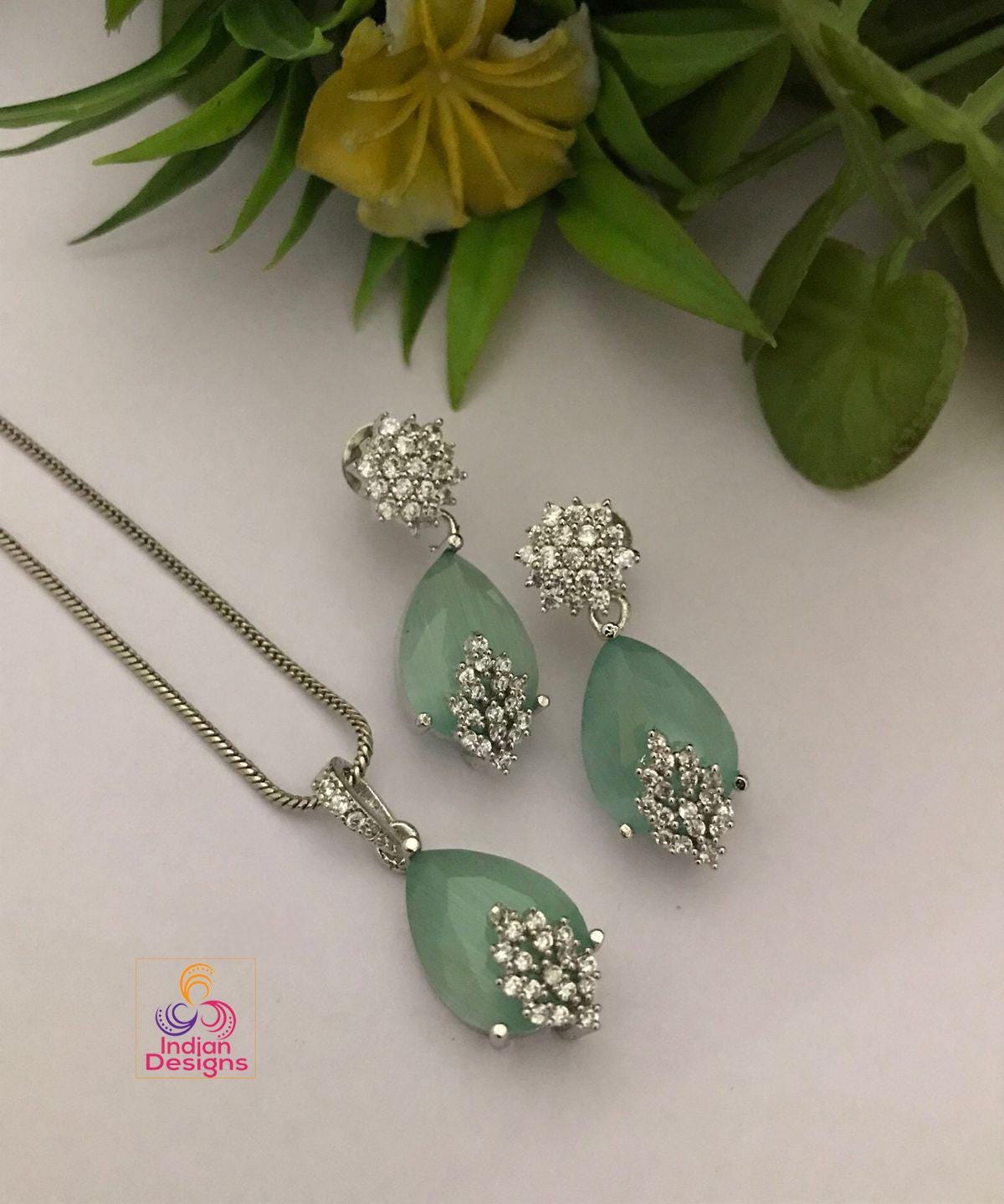 Tear Drop Pendant & Earrings Set with CZ Stones| Pink pendant set| dainty earrings| pendant with chain| wedding pendant set| Gift for her