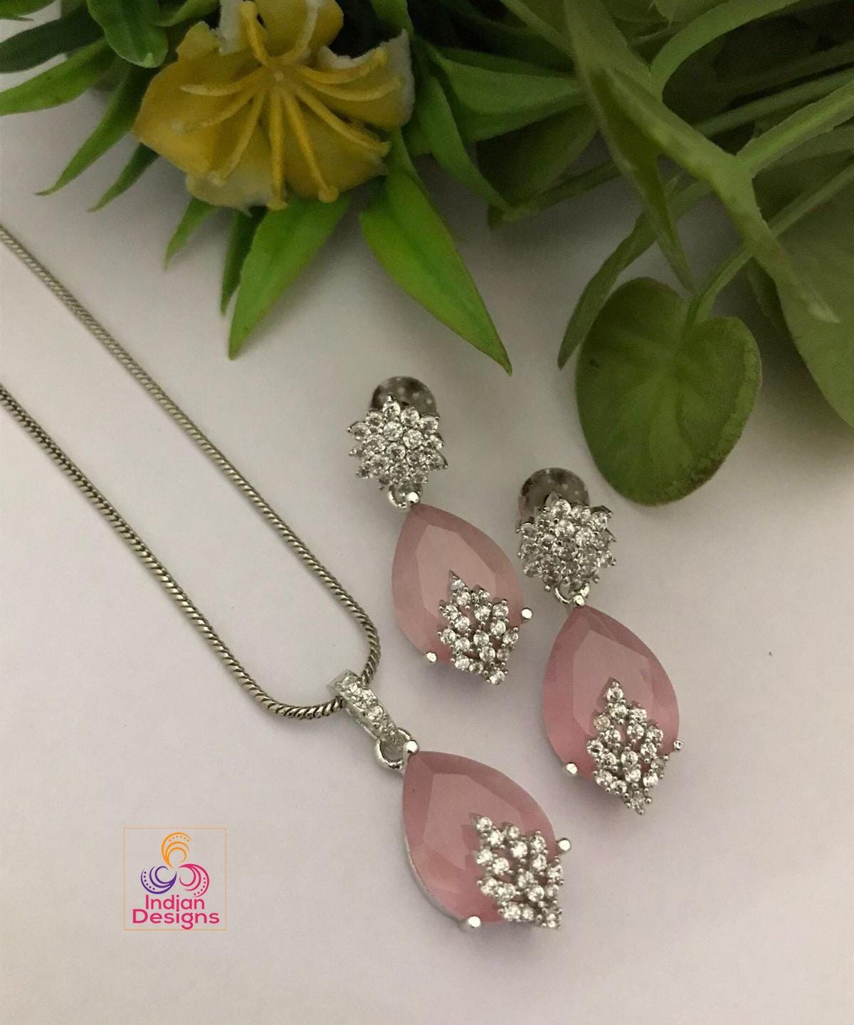 Tear Drop Pendant & Earrings Set with CZ Stones| Pink pendant set| dainty earrings| pendant with chain| wedding pendant set| Gift for her