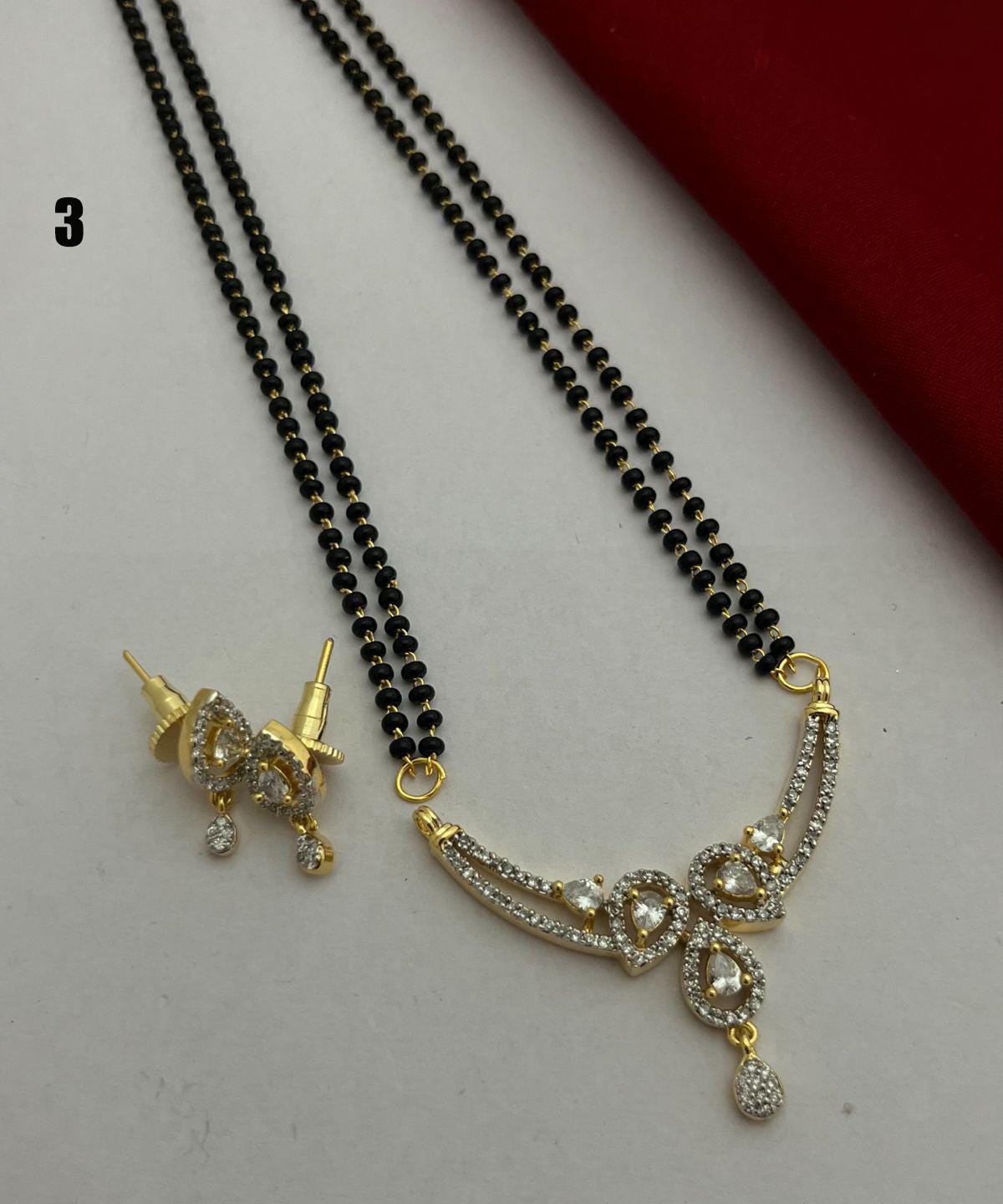CZ Gold Plated MangalSutra with black bead chain |Indian Fashion Jewelry |Daily wear American Diamond MangalSutra set |Perfect Gift for wife